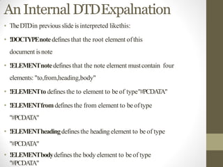 AnInternal DTDExpalnation
• TheDTDin previous slide isinterpreted likethis:
• !DOCTYPEnotedefines that the root element ofthis
document isnote
• !ELEMENTnotedefines that the note element mustcontain four
elements: "to,from,heading,body"
• !ELEMENTto defines the to element to be of type"#PCDATA"
• !ELEMENTfromdefines the from element to be oftype
"#PCDATA"
• !ELEMENTheadingdefines the heading element to be of type
"#PCDATA"
• !ELEMENTbodydefines the body element to be of type
"#PCDATA"
 