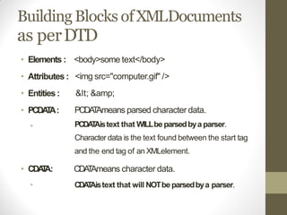 Building Blocks ofXMLDocuments
as perDTD
<body>some text</body>
<img src="computer.gif" />
< &amp;
• Elements :
• Attributes :
• Entities :
• PCDATA:
•
PCDATAmeans parsed character data.
PCDATAistext that WILLbeparsedbya parser.
Character data is the text found between the start tag
and the end tag of an XMLelement.
• CDATA:
•
CDATAmeans character data.
CDATAistext that will NOTbeparsedbya parser.
 