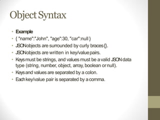 ObjectSyntax
• Example
• { "name":"John", "age":30, "car":null }
• JSONobjects are surrounded by curly braces{}.
• JSONobjects are written in key/valuepairs.
• Keysmust be strings, and values must be avalid JSONdata
type (string, number, object, array, boolean ornull).
• Keysand values are separated by a colon.
• Eachkey/value pair is separated by acomma.
 