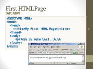 First HTMLPage
33
test.html
<!DOCTYPE HTML>
<html>
<head>
<ti t l e>My Fi r st HTML Page</ t i t l e>
</head>
<body>
<p>This is some text...</p>
</body>
</html>
 