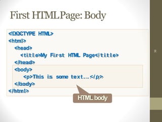 First HTMLPage:Body
36
<!DOCTYPE HTML>
<html>
<head>
<ti t l e>My Fi r st HTML Page</ t i t l e>
</head>
<body>
<p>This is some text...</p>
</body>
</html>
HTMLbody
 