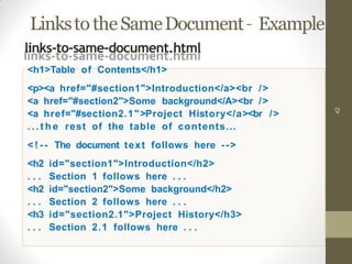 LinkstotheSameDocument– Example
42
links-to-same-document.html
<h1>Table of Contents</h1>
<p><a href="#section1">Introduction</a><br />
<a href="#section2">Some background</A><br />
<a href="#section2.1">Project History</a><br />
. . . t h e rest of the table of contents...
< ! - - The document text follows here -->
<h2 id="section1">Introduction</h2>
. . . Section 1 follows here . . .
<h2 id="section2">Some background</h2>
. . . Section 2 follows here . . .
<h3 id="section2.1">Project History</h3>
. . . Section 2.1 follows here . . .
 