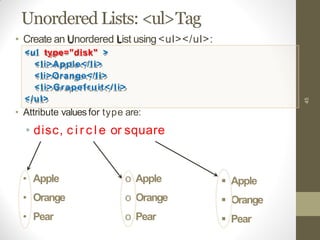 Unordered Lists: <ul>Tag
45
• Apple
• Orange
• Pear
o Apple
o Orange
o Pear
 Apple
 Orange
 Pear
• Create an Unordered List using <ul></ul>:
<ul type="disk" >
<li>Apple</li>
<li>Orange</li>
<li>Grapefruit</li>
</ul>
• Attribute values for type are:
• disc, c i r c l e or square
 