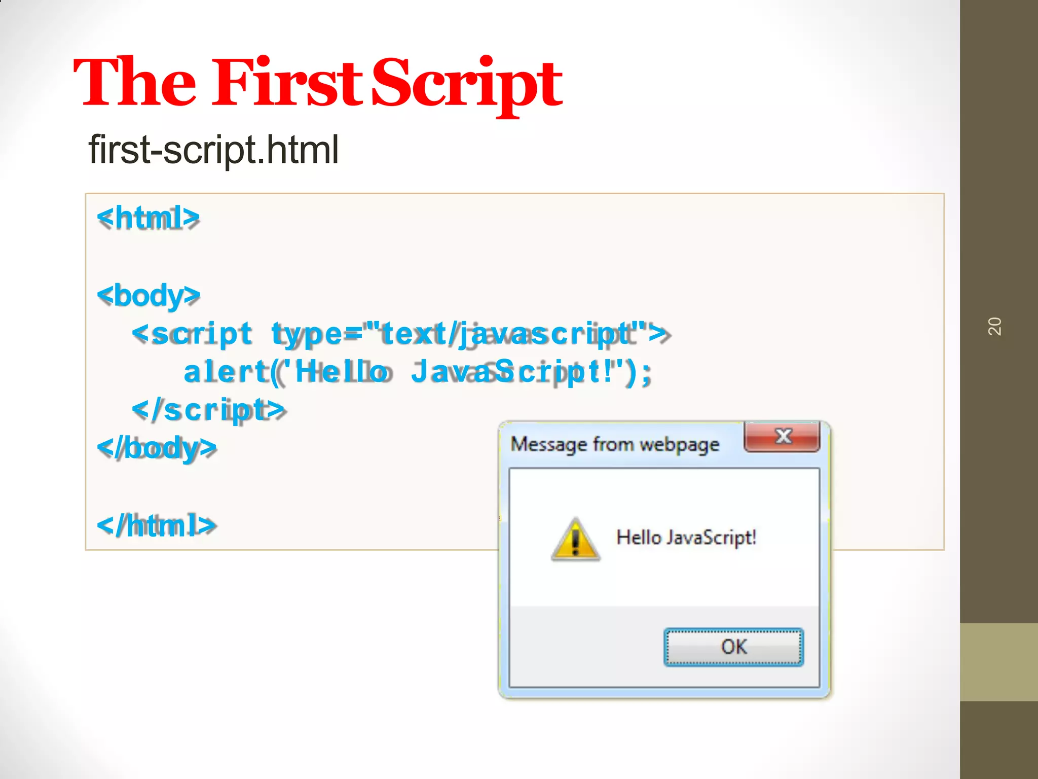 The FirstScript
20
first-script.html
<html>
<body>
<script type="text/javascript">
alert('Hello JavaScript!');
</script>
</body>
</html>
 