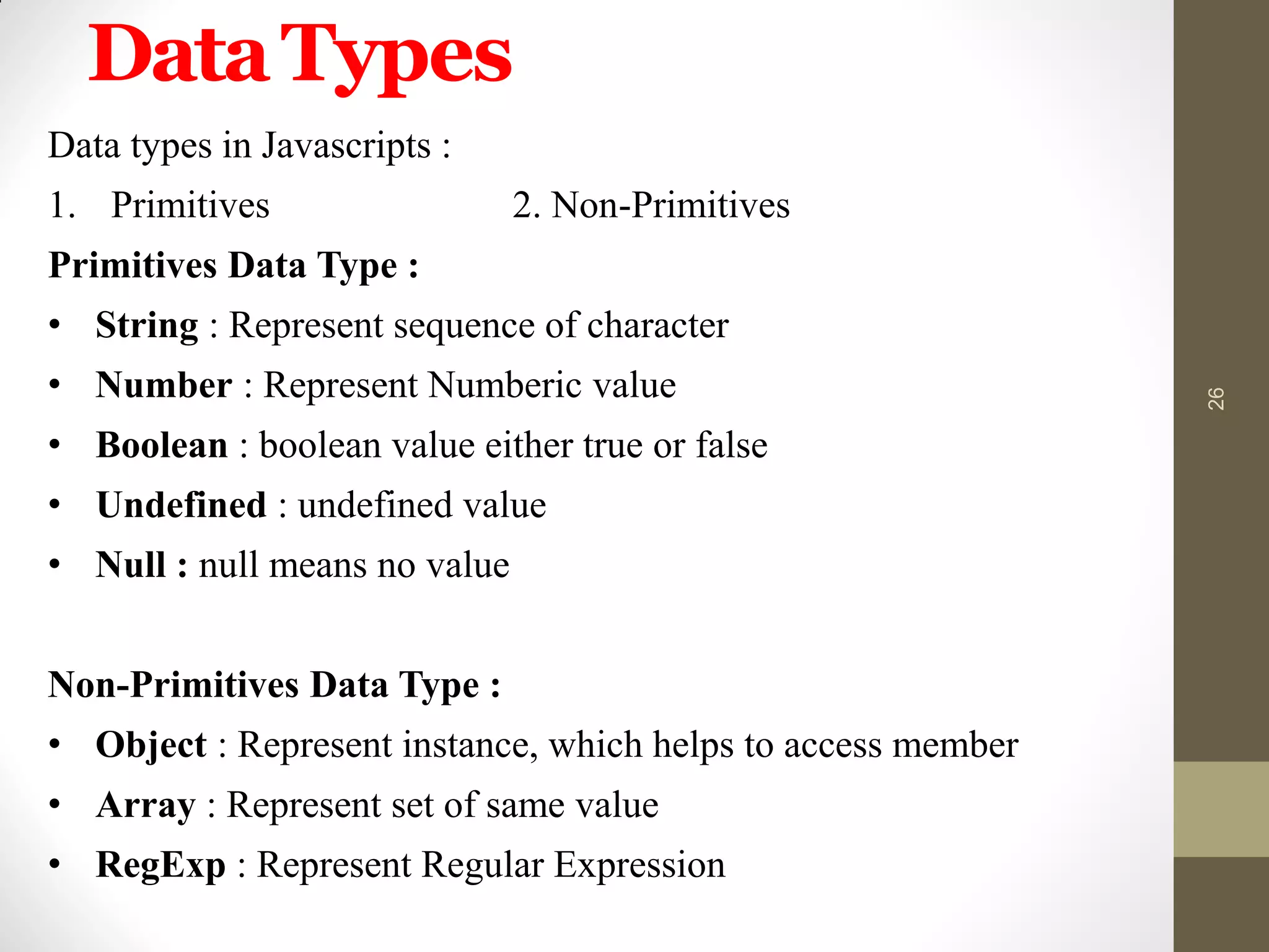 DataTypes
26
Data types in Javascripts :
1. Primitives 2. Non-Primitives
Primitives Data Type :
• String : Represent sequence of character
• Number : Represent Numberic value
• Boolean : boolean value either true or false
• Undefined : undefined value
• Null : null means no value
Non-Primitives Data Type :
• Object : Represent instance, which helps to access member
• Array : Represent set of same value
• RegExp : Represent Regular Expression
 