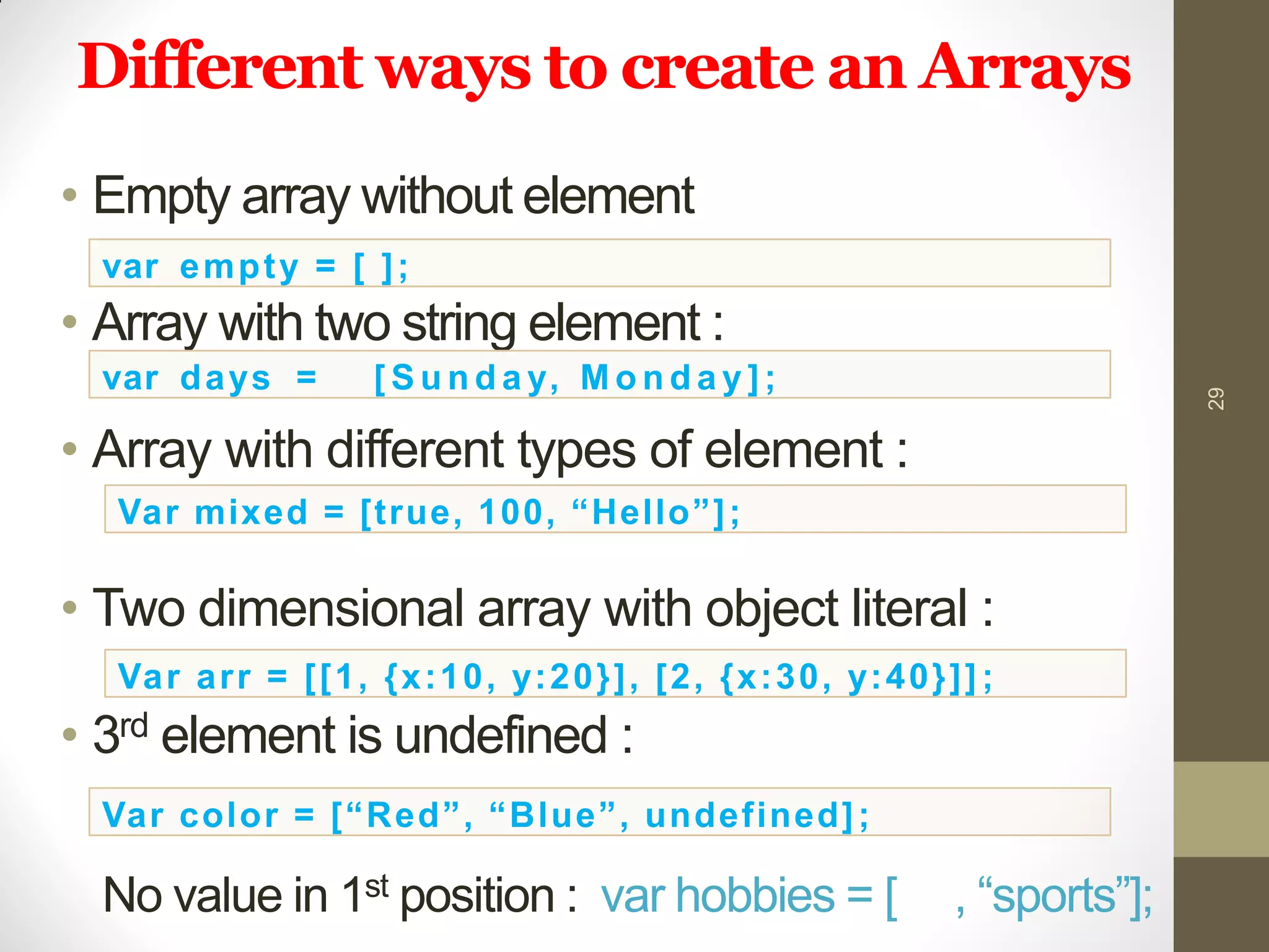 Different ways to create an Arrays
• Empty array without element
• Array with two string element :
• Array with different types of element :
• Two dimensional array with object literal :
• 3rd element is undefined :
29
var empty = [ ];
var days = [ S u n d a y, M o n d a y ];
Var mixed = [true, 100, “Hello”];
Var arr = [[1, {x:10, y:20}], [2, {x:30, y:40}]] ;
Var color = [“Red”, “Blue”, undefined];
No value in 1st position : var hobbies = [ , “sports”];
 