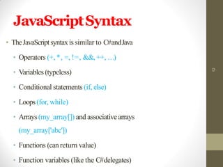 JavaScriptSyntax
• TheJavaScriptsyntaxis similar to C#andJava
• Operators (+, *, =, !=, &&,++, …)
• Variables (typeless)
• Conditional statements (if, else)
• Loops(for, while)
• Arrays(my_array[]) and associative arrays
(my_array['abc'])
• Functions (canreturn value)
• Function variables (like the C#delegates)
12
 