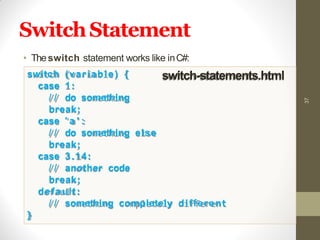 SwitchStatement
• Theswitch statement works like inC#:
37
switch (variable) {
case 1:
/ / do something
break;
case ' a ' :
/ / do something else
break;
case 3.14:
/ / another code
break;
default:
/ / something completely different
}
switch-statements.html
 
