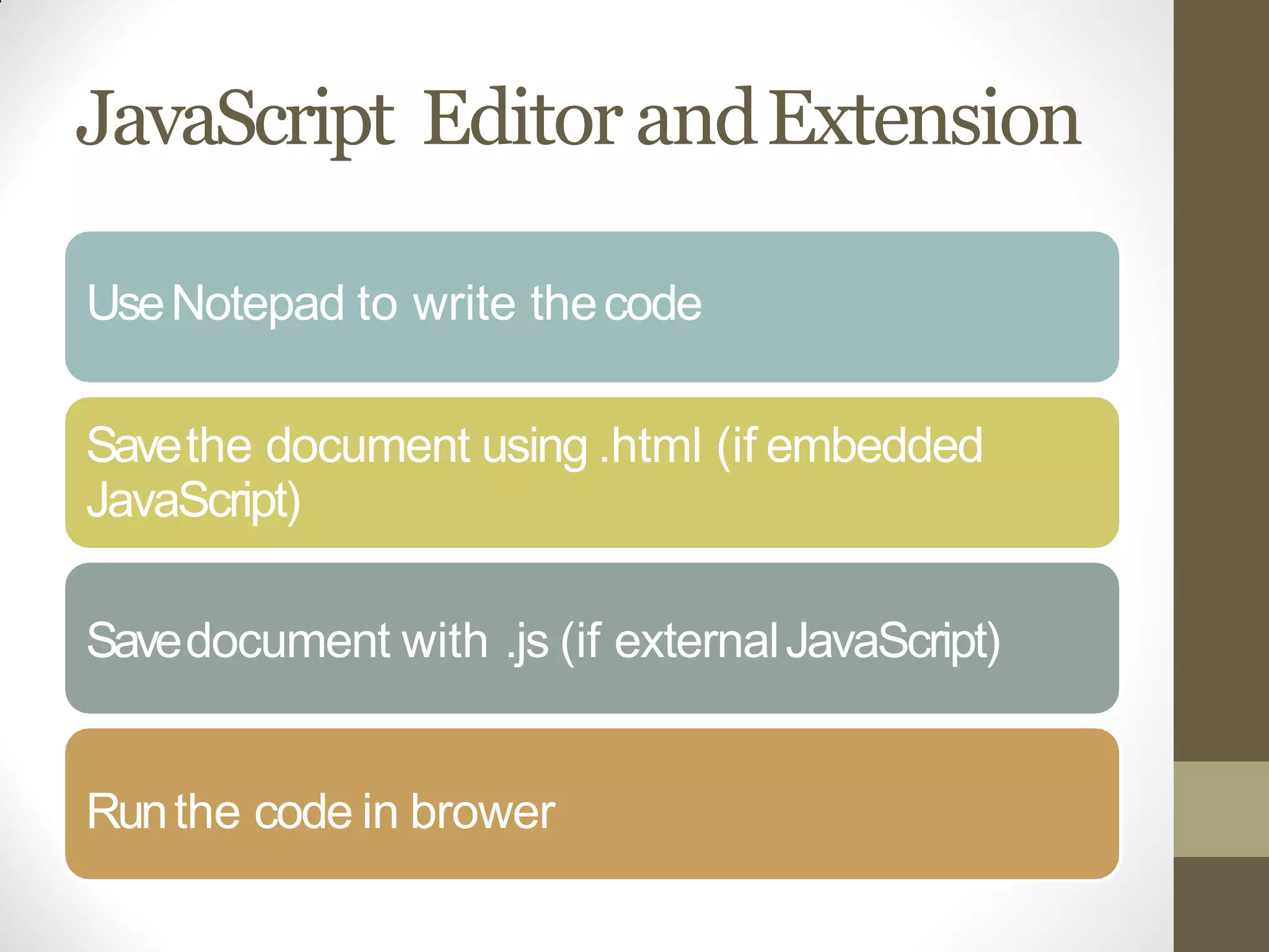 JavaScript EditorandExtension
UseNotepad to write thecode
Savethe document using .html (if embedded
JavaScript)
Savedocument with .js (if externalJavaScript)
Runthe code in brower
 