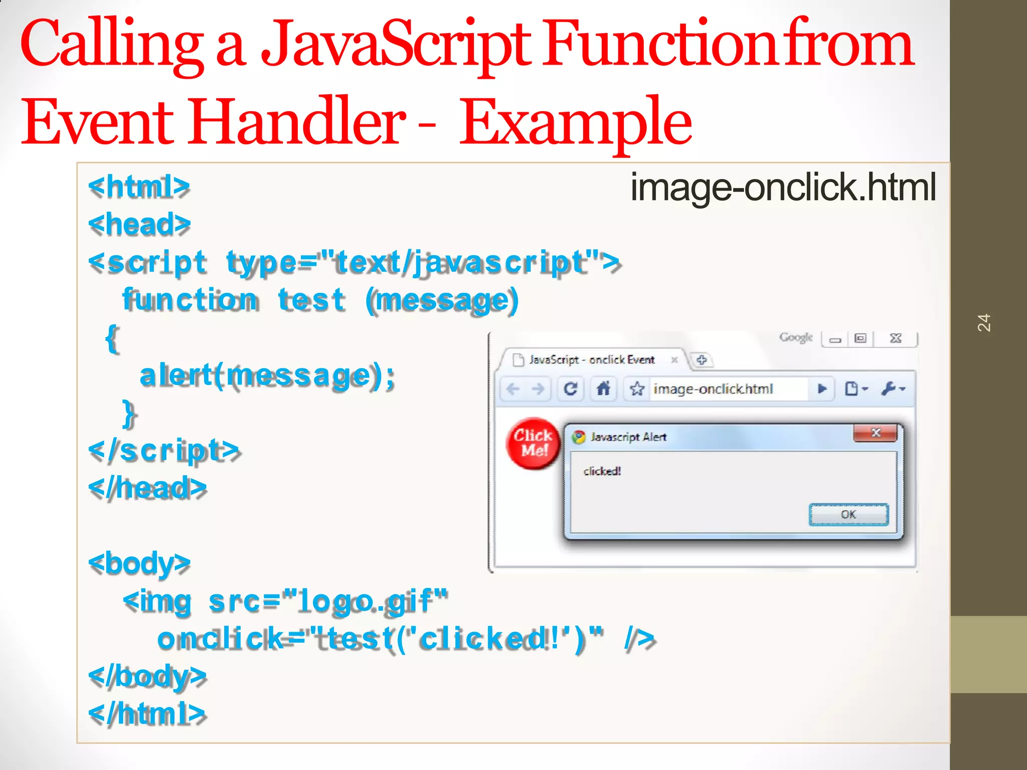 <html>
<head>
<script type="text/javascript">
function test (message)
{
alert(message);
}
</script>
</head>
<body>
<img src="logo.gif"
onclick="test('clicked!')" />
</body>
</html>
Callinga JavaScriptFunctionfrom
Event Handler– Example
image-onclick.html
24
 