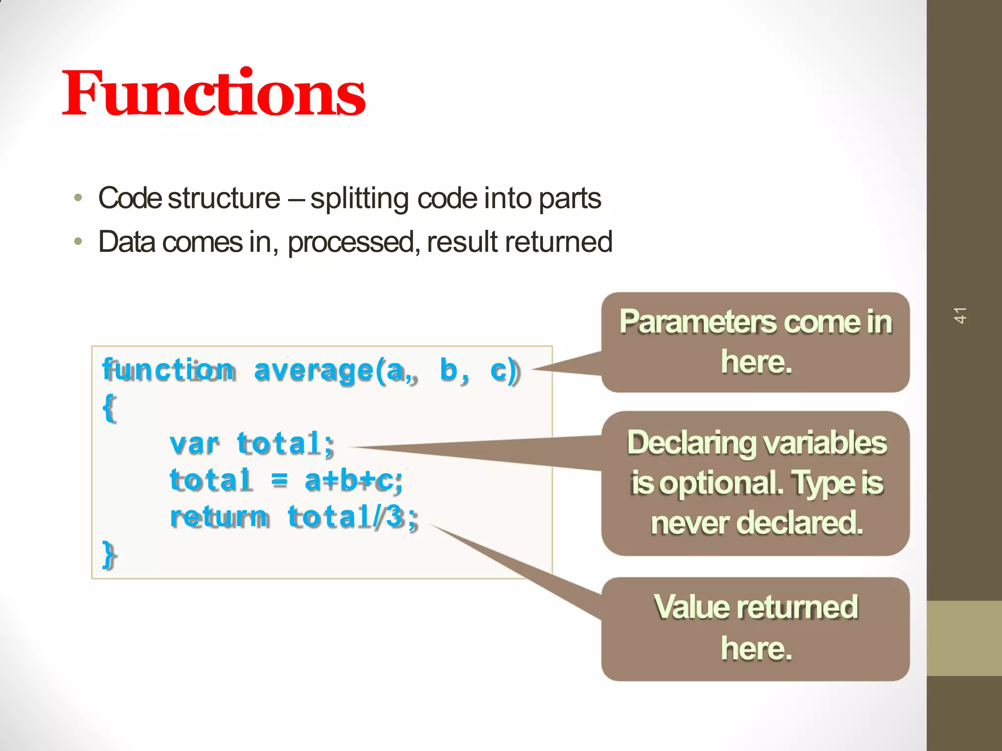 Functions
• Codestructure – splitting code into parts
• Data comes in, processed,result returned
41
function average(a, b, c)
{
var total;
total = a+b+c;
return total/3;
}
Parameterscomein
here.
Declaringvariables
isoptional. Typeis
never declared.
Valuereturned
here.
 