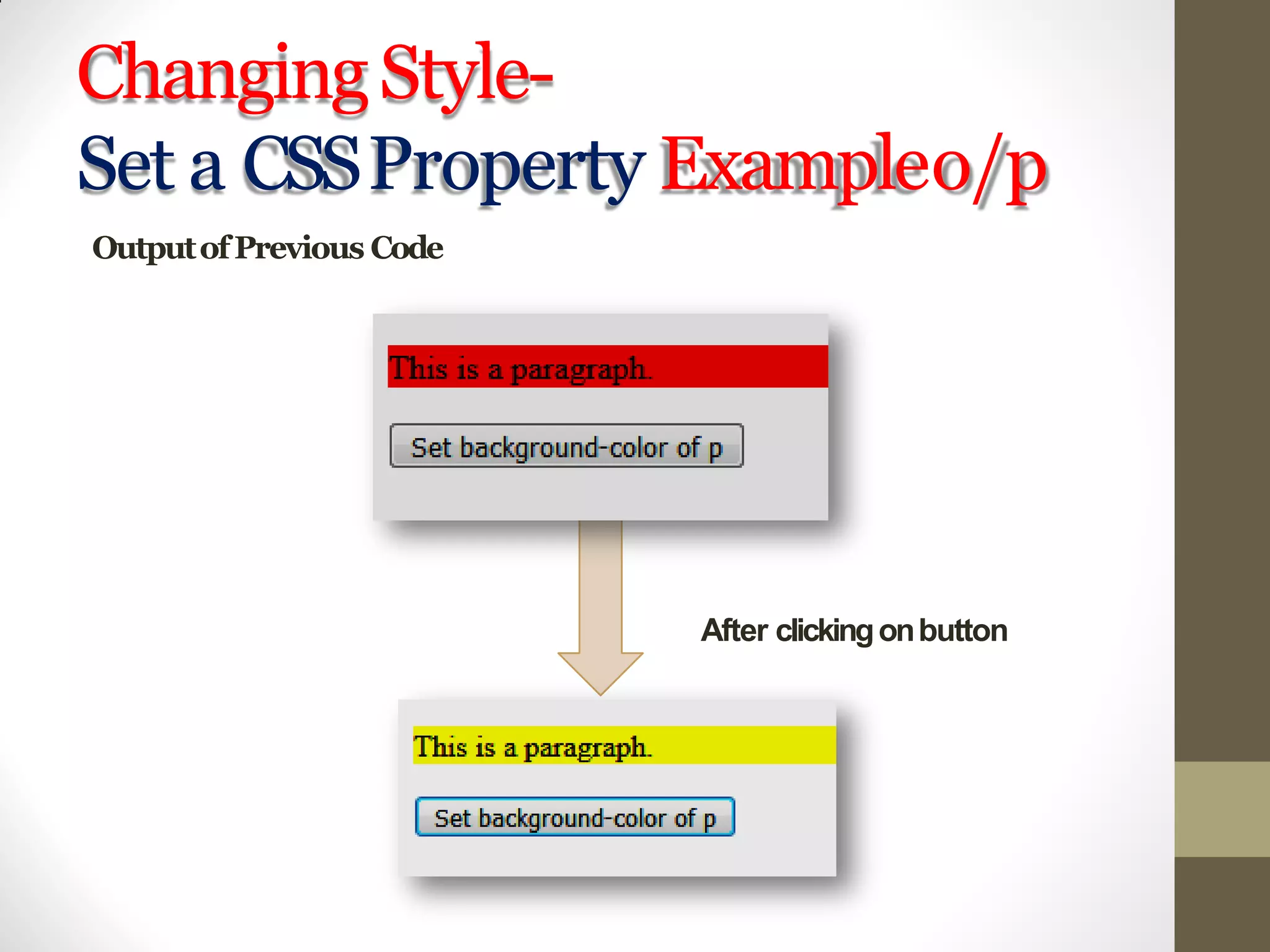 ChangingStyle-
Set a CSSProperty Exampleo/p
OutputofPrevious Code
After clickingonbutton
 