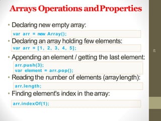 Arrays Operations andProperties
• Declaring new empty array:
• Declaring an array holding few elements:
• Appending an element / getting the last element:
• Readingthe number of elements (arraylength):
• Finding element's index in thearray:
29
var arr = new Array();
var arr = [ 1 , 2, 3, 4, 5];
arr.push(3);
var element = arr.pop();
arr.length;
arr.indexOf(1);
 