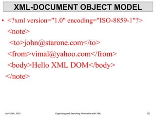 XML-DOCUMENT OBJECT MODEL
• <?xml version="1.0" encoding="ISO-8859-1"?>
<note>
<to>john@starone.com</to>
<from>vimal@yahoo.com</from>
<body>Hello XML DOM</body>
</note>
April 29th, 2003 Organizing and Searching Information with XML 103
 
