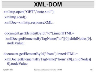 XML-DOM
xmlhttp.open("GET","note.xml”);
xmlhttp.send();
xmlDoc=xmlhttp.responseXML;
document.getElementById("to").innerHTML=
xmlDoc.getElementsByTagName("to")[0].childNodes[0].
nodeValue;
document.getElementById("from").innerHTML=
xmlDoc.getElementsByTagName("from")[0].childNodes[
0].nodeValue;
April 29th, 2003 Organizing and Searching Information with XML 106
 
