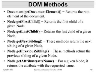 • Document.getDocumentElement() − Returns the root
element of the document.
• Node.getFirstChild() − Returns the first child of a
given Node.
• Node.getLastChild() − Returns the last child of a given
Node.
• Node.getNextSibling() − These methods return the next
sibling of a given Node.
• Node.getPreviousSibling() − These methods return the
previous sibling of a given Node.
• Node.getAttribute(attrName) − For a given Node, it
returns the attribute with the requested name.
April 29th, 2003 Organizing and Searching Information with XML 122
DOM Methods
 