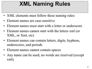 XML Naming Rules
• XML elements must follow these naming rules:
• Element names are case-sensitive
• Element names must start with a letter or underscore
• Element names cannot start with the letters xml (or
XML, or Xml, etc)
• Element names can contain letters, digits, hyphens,
underscores, and periods
• Element names cannot contain spaces
• Any name can be used, no words are reserved (except
xml).
32
 