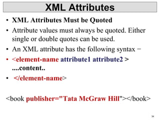 XML Attributes
• XML Attributes Must be Quoted
• Attribute values must always be quoted. Either
single or double quotes can be used.
• An XML attribute has the following syntax −
• <element-name attribute1 attribute2 >
....content..
• </element-name>
<book publisher="Tata McGraw Hill"></book>
34
 