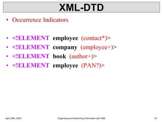 XML-DTD
• Occurrence Indicators
• <!ELEMENT employee (contact*)>
• <!ELEMENT company (employee+)>
• <!ELEMENT book (author+)>
• <!ELEMENT employee (PAN?)>
April 29th, 2003 Organizing and Searching Information with XML 53
 