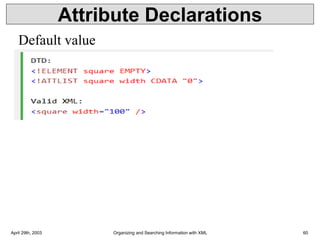 Attribute Declarations
April 29th, 2003 Organizing and Searching Information with XML 60
Default value
 