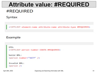 Attribute value: #REQUIRED
April 29th, 2003 Organizing and Searching Information with XML 61
 