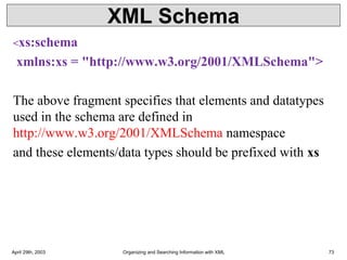 XML Schema
<xs:schema
xmlns:xs = "http://www.w3.org/2001/XMLSchema">
The above fragment specifies that elements and datatypes
used in the schema are defined in
http://www.w3.org/2001/XMLSchema namespace
and these elements/data types should be prefixed with xs
April 29th, 2003 Organizing and Searching Information with XML 73
 