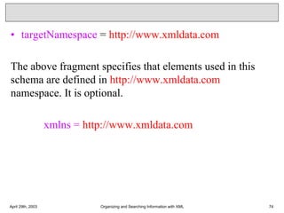 • targetNamespace = http://www.xmldata.com
The above fragment specifies that elements used in this
schema are defined in http://www.xmldata.com
namespace. It is optional.
xmlns = http://www.xmldata.com
April 29th, 2003 Organizing and Searching Information with XML 74
 