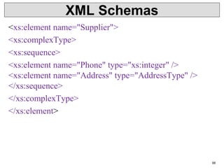 XML Schemas
<xs:element name="Supplier">
<xs:complexType>
<xs:sequence>
<xs:element name="Phone" type="xs:integer" />
<xs:element name="Address" type="AddressType" />
</xs:sequence>
</xs:complexType>
</xs:element>
88
 