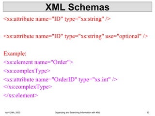 XML Schemas
<xs:attribute name="ID" type="xs:string" />
<xs:attribute name="ID" type="xs:string" use="optional" />
Example:
<xs:element name="Order">
<xs:complexType>
<xs:attribute name="OrderID" type="xs:int" />
</xs:complexType>
</xs:element>
April 29th, 2003 Organizing and Searching Information with XML 90
 