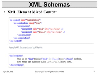 XML Schemas
• XML Element Mixed Content
April 29th, 2003 Organizing and Searching Information with XML 91
 