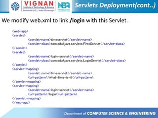 Servlets Deployment(cont..)
We modify web.xml to link /login with this Servlet.
<web-app>
<servlet>
<servlet-name>timeservlet</servlet-name>
<servlet-class>com.edu4java.servlets.FirstServlet</servlet-class>
</servlet>
<servlet>
<servlet-name>login-servlet</servlet-name>
<servlet-class>com.edu4java.servlets.LoginServlet</servlet-class>
</servlet>
<servlet-mapping>
<servlet-name>timeservlet</servlet-name>
<url-pattern>/what-time-is-it</url-pattern>
</servlet-mapping>
<servlet-mapping>
<servlet-name>login-servlet</servlet-name>
<url-pattern>/login</url-pattern>
</servlet-mapping>
</web-app>
 