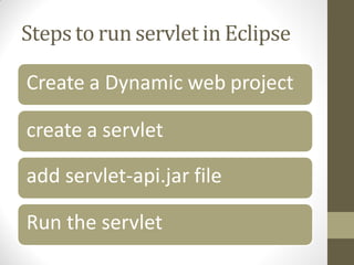 Steps to run servlet in Eclipse
Create a Dynamic web project
create a servlet
add servlet-api.jar file
Run the servlet
 