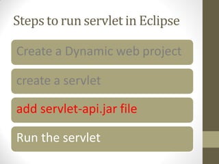 Steps to run servlet in Eclipse
Create a Dynamic web project
create a servlet
add servlet-api.jar file
Run the servlet
 