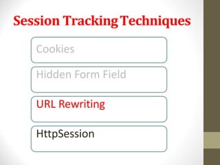 Session TrackingTechniques
Cookies
Hidden Form Field
URL Rewriting
HttpSession
 