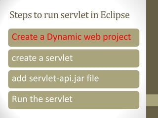Steps to run servlet in Eclipse
Create a Dynamic web project
create a servlet
add servlet-api.jar file
Run the servlet
 