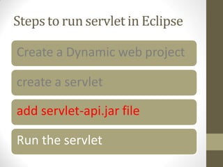 Steps to run servlet in Eclipse
Create a Dynamic web project
create a servlet
add servlet-api.jar file
Run the servlet
 