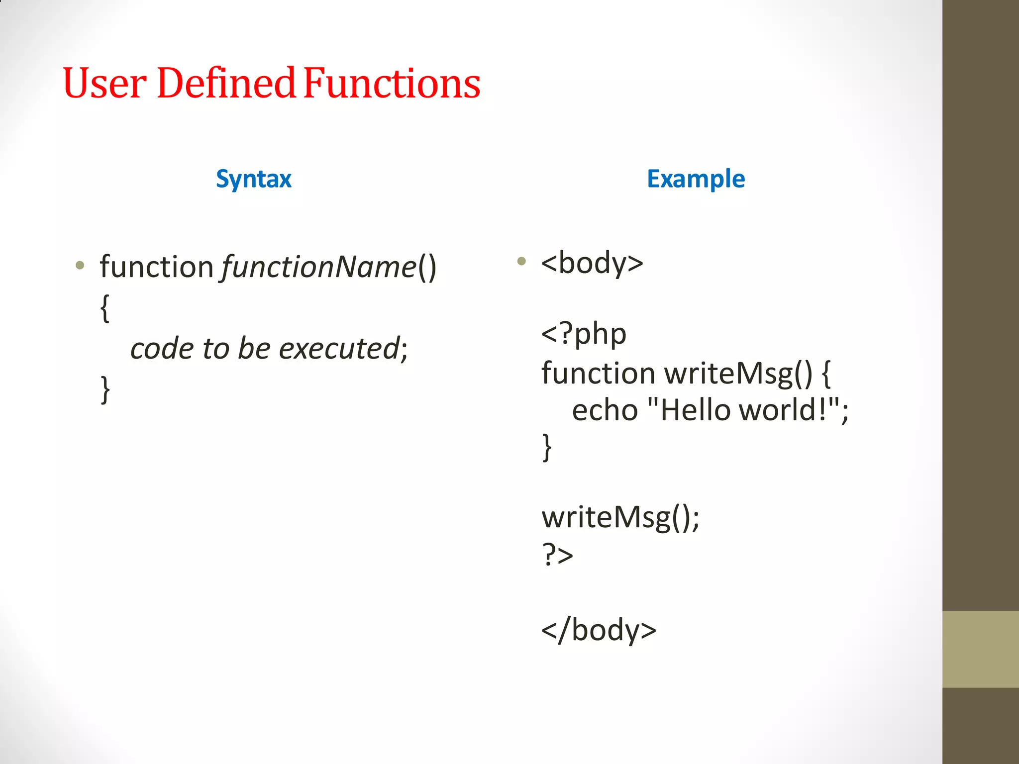 User DefinedFunctions
• function functionName()
{
code to be executed;
}
Syntax Example
• <body>
<?php
function writeMsg() {
echo "Hello world!";
}
writeMsg();
?>
</body>
 