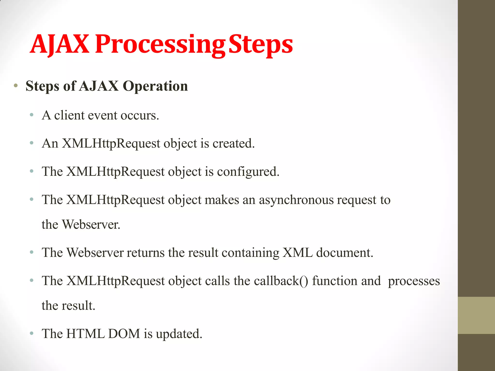 AJAX ProcessingSteps
• Steps of AJAX Operation
• A client event occurs.
• An XMLHttpRequest object is created.
• The XMLHttpRequest object is configured.
• The XMLHttpRequest object makes an asynchronous request to
the Webserver.
• The Webserver returns the result containing XML document.
• The XMLHttpRequest object calls the callback() function and processes
the result.
• The HTML DOM is updated.
 