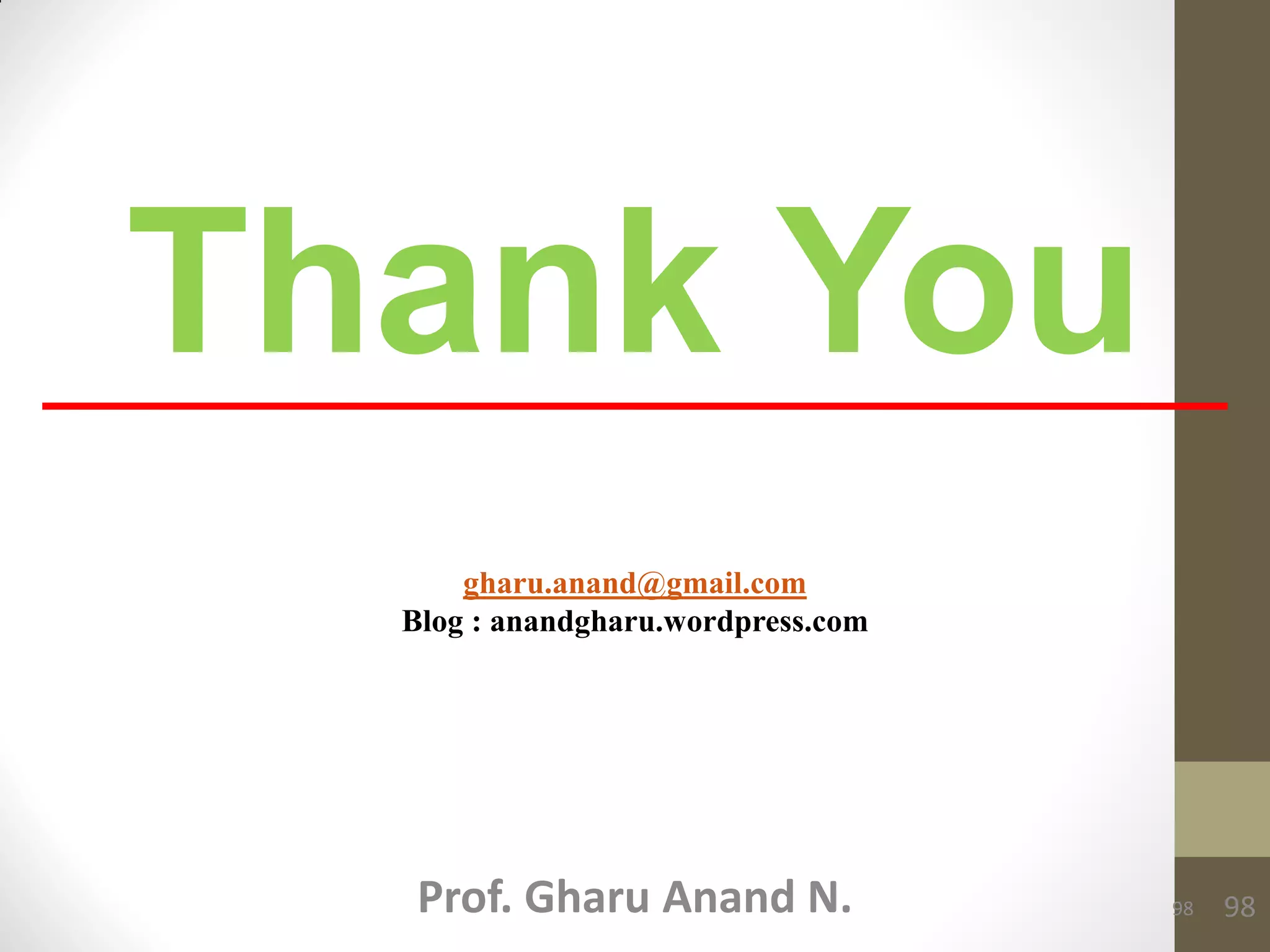 Thank You
98
gharu.anand@gmail.com
Blog : anandgharu.wordpress.com
Prof. Gharu Anand N. 98
 
