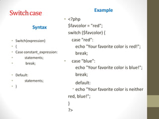Switchcase
Syntax
• Switch(expression)
• {
• Case constant_expression:
• statements;
• break;
• Default:
• statements;
• }
Example
•
• <?php
$favcolor = "red";
switch ($favcolor) {
case "red":
echo "Your favorite color is red!";
break;
• case "blue":
echo "Your favorite color is blue!";
break;
default:
echo "Your favorite color is neither
red, blue!";
}
?>
 