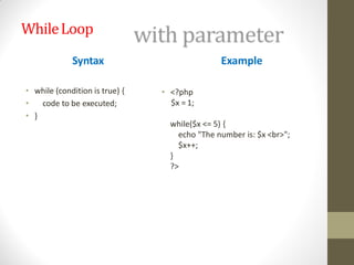WhileLoop
Syntax
• while (condition is true) {
• code to be executed;
• }
Example
• <?php
$x = 1;
while($x <= 5) {
echo "The number is: $x <br>";
$x++;
}
?>
 
