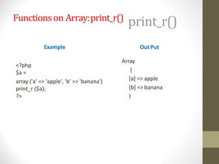 Functionson Array:print_r()
Example
<?php
$a =
array ('a' => 'apple', 'b' => 'banana‘)
print_r ($a);
?>
Out Put
Array
(
[a] => apple
[b] => banana
)
 