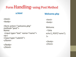 FormHandling-using Post Method
a.html
<html>
<body>
<form action="welcome.php"
method="post">
Name:
<input type="text" name="name">
<br>
<input type="submit">
</form>
</body>
</html>
Welcome.php
<html>
<body>
Welcome
<?php
echo $_POST["name"];
?>
</body>
</html>
 