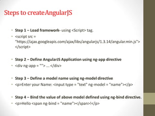 Steps to createAngularJS
• Step 1 − Load framework- using <Script> tag.
• <script src =
"https://ajax.googleapis.com/ajax/libs/angularjs/1.3.14/angular.min.js">
</script>
• Step 2 − Define AngularJS Application using ng-app directive
• <div ng-app = ""> ... </div>
• Step 3 − Define a model name using ng-model directive
• <p>Enter your Name: <input type = "text" ng-model = "name"></p>
• Step 4 − Bind the value of above model defined using ng-bind directive.
• <p>Hello <span ng-bind = "name"></span>!</p>
 