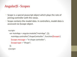 AngularJS -Scopes
• Scope is a special javascript object which plays the role of
joining controller with the views.
• Scope contains the model data. In controllers, model data is
accessed via $scope object.
<script>
var mainApp = angular.module("mainApp", []);
mainApp.controller("shapeController", function($scope) {
$scope.message = "In shape controller";
$scope.type = "Shape";
});
</script>
 
