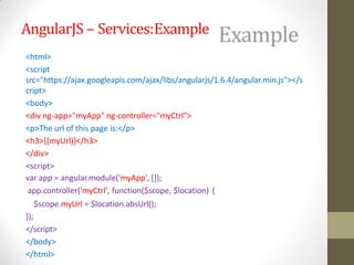AngularJS – Services:Example
<html>
<script
src="https://ajax.googleapis.com/ajax/libs/angularjs/1.6.4/angular.min.js"></s
cript>
<body>
<div ng-app="myApp" ng-controller="myCtrl">
<p>The url of this page is:</p>
<h3>{{myUrl}}</h3>
</div>
<script>
var app = angular.module('myApp', []);
app.controller('myCtrl', function($scope, $location) {
$scope.myUrl = $location.absUrl();
});
</script>
</body>
</html>
 