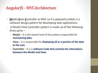 AngularJS - MVCArchitecture
• Model View Controller or MVC as it is popularly called, is a
software design pattern for developing web applications.
• A Model View Controller pattern is made up of the following
three parts −
• Model − It is the lowest level of the pattern responsible for
maintaining data.
• View − It is responsible for displaying all or a portion of the data
to the user.
• Controller − It is a software Code that controls the interactions
between the Model and View.
 