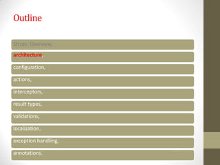 Outline
Struts: Overview,
architecture,
configuration,
actions,
interceptors,
result types,
validations,
localization,
exception handling,
annotations.
 