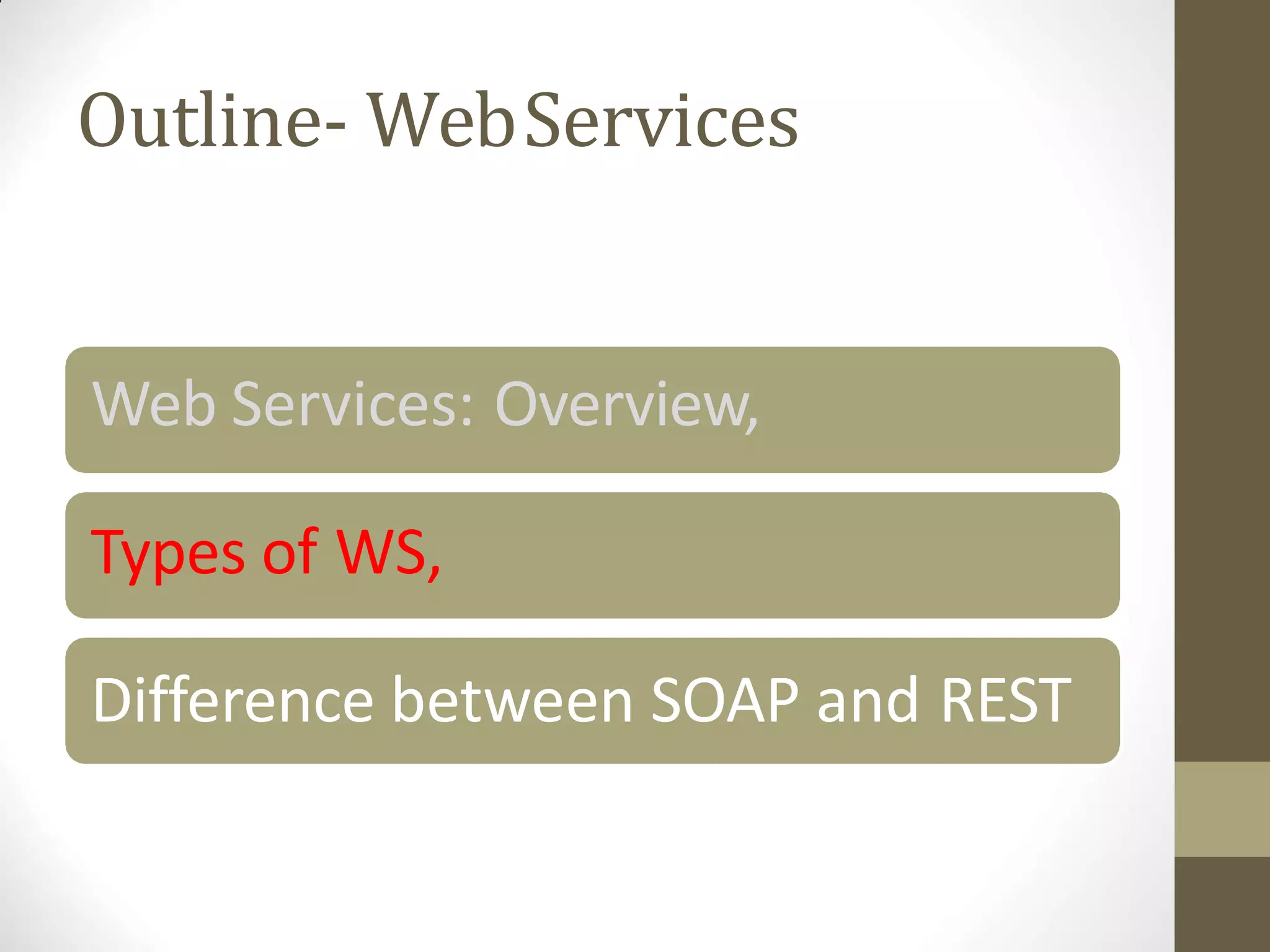 Outline- WebServices
Web Services: Overview,
Types of WS,
Difference between SOAP and REST
 