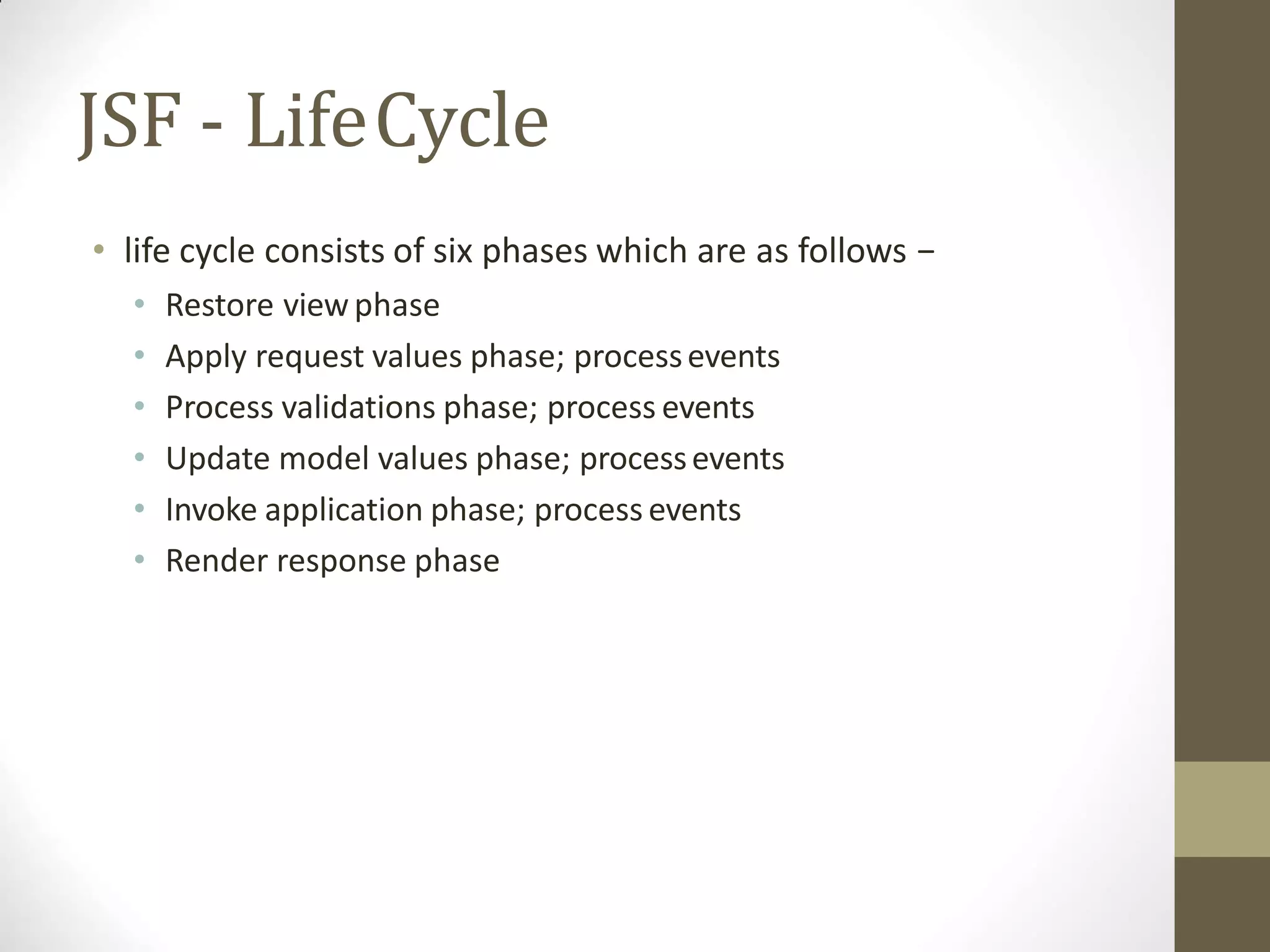 JSF - LifeCycle
• life cycle consists of six phases which are as follows −
• Restore viewphase
• Apply request values phase; processevents
• Process validations phase; process events
• Update model values phase; processevents
• Invoke application phase; process events
• Render response phase
 